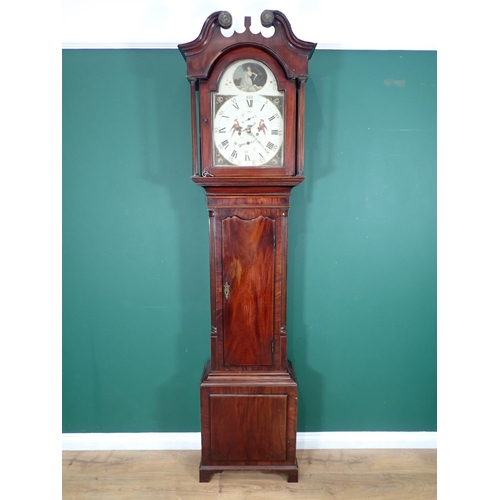 589 - A 19th Century 28 day Longcase Clock with arched dial painted with shepherdess within mahogany case ... 