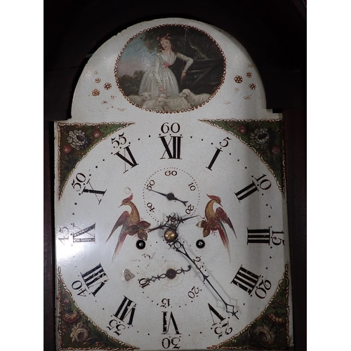 589 - A 19th Century 28 day Longcase Clock with arched dial painted with shepherdess within mahogany case ... 