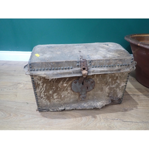 621 - An antique dome topped Trunk with skin covering A/F, a bentwood Chair and a glazed Dairy Bowl A/F