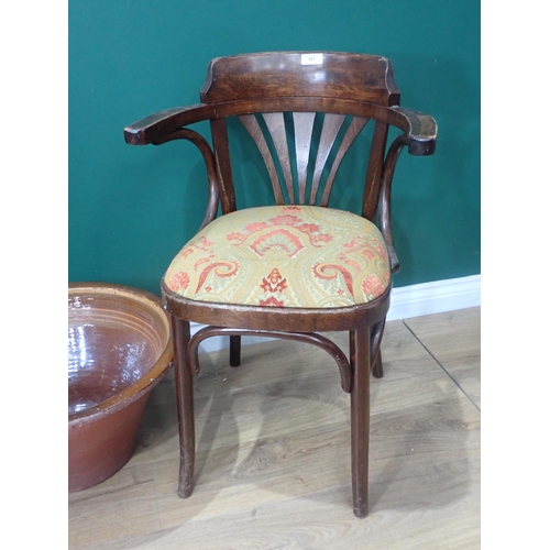 621 - An antique dome topped Trunk with skin covering A/F, a bentwood Chair and a glazed Dairy Bowl A/F