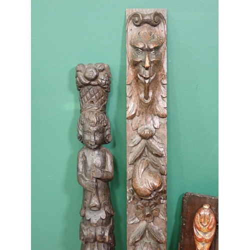 635 - Two carved oak Pilasters, two carved oak Panels, an antique oak panel Door and a bellows side