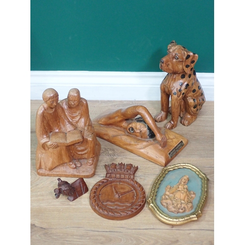 637 - A 19th Century oak and inlaid Knife Box, carved Dog Figure, carved Reading Group, carved Swimmer, ca... 