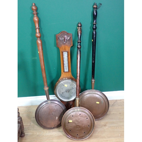 651 - A Victorian carved oak Stick Stand 2ft 8in H x 2ft 6in W, a walnut Aneroid Barometer and three Warmi... 