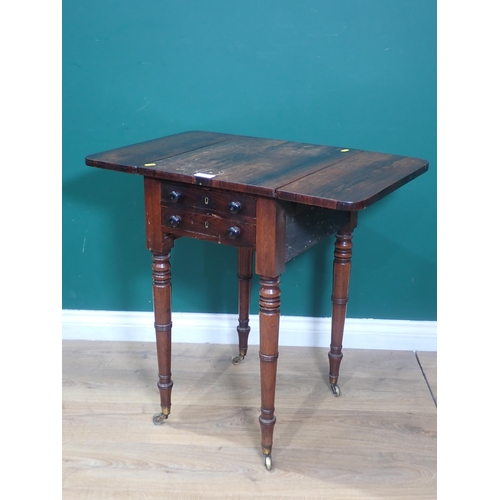 680 - A 19th Century rosewood drop leaf Work Table fitted two end drawers mounted on turned supports 2ft 4... 