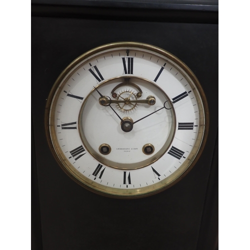 691 - A Victorian black slate Mantel Clock with white enamel dial by Ambrosini & Son, Paris 1ft 7in H x 1f... 