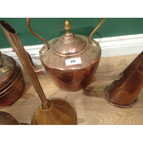 698 - A box of metalware including gilded metal Table Lamp, copper Kettles, Ale Warmers, etc.