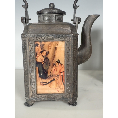 721 - A Chinese metal Tea Caddy and Tea Pot with glass inset panels of figures and character stamps to bas... 