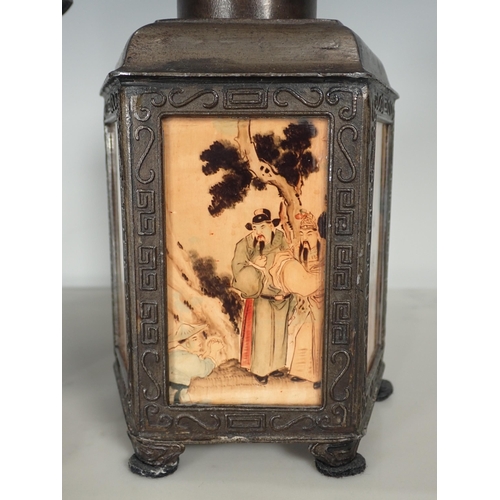 721 - A Chinese metal Tea Caddy and Tea Pot with glass inset panels of figures and character stamps to bas... 