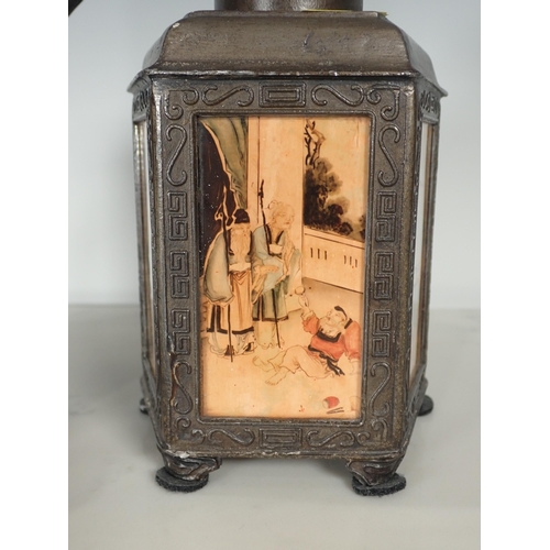 721 - A Chinese metal Tea Caddy and Tea Pot with glass inset panels of figures and character stamps to bas... 