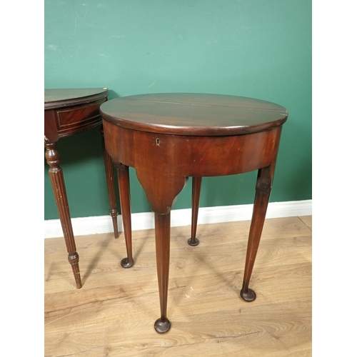 722 - A George I style mahogany demi-lune fold over Tea Table on turned, tapering supports and pad feet 2f... 