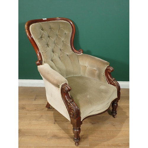 727 - A Victorian mahogany framed Armchair with green button upholstery 3ft H x 2ft 2in W