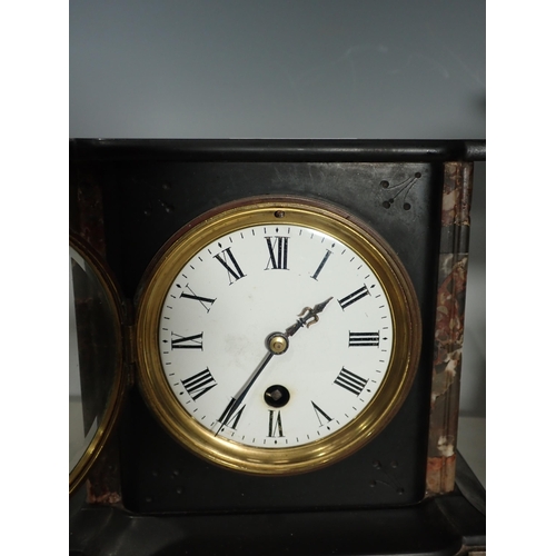 733 - A black marble Mantel Clock and a set of Scales and weights