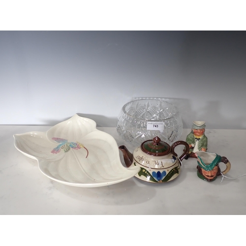 743 - A Staffordshire leafage Dish, two Character Jugs, Torquay Ware Teapot and a cut glass Bowl