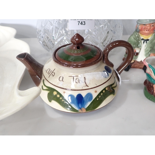 743 - A Staffordshire leafage Dish, two Character Jugs, Torquay Ware Teapot and a cut glass Bowl