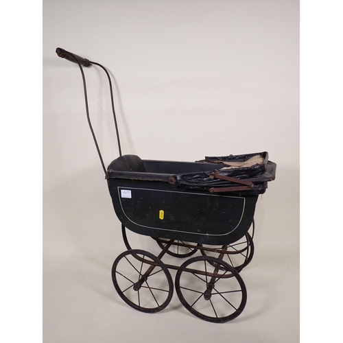 84 - A Doll's Pram painted in cream and blue with folding hood 2ft, a small green Doll's Pram and a cane ... 