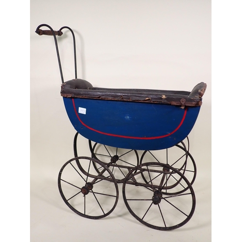 85 - A Doll's Pram with folding hood A/F, a three wheel Doll's Pram and another blue painted Doll's Pram