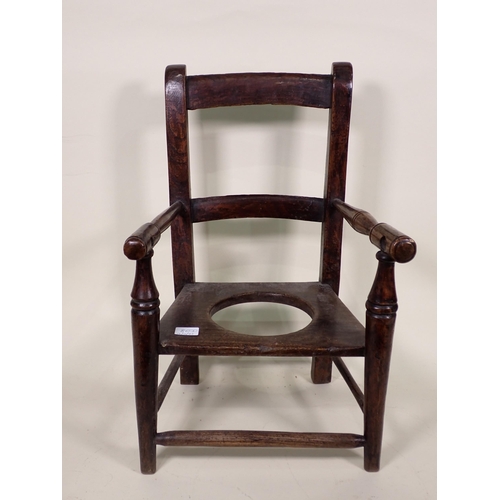 86 - A Doll's/Child's Captain's Chair, an elm Commode Elbow Chair and another with spindle back