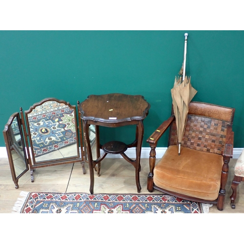 97 - A mahogany Occasional Table, child's Armchair, single Chair, triptych Dressing Mirror, Rug and Paras... 