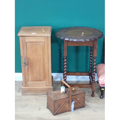 99 - A walnut Pot Cupboard, Footstool, oak Occasional Table, Sewing Box and a Tray