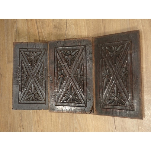 225 - Four 17th Century oak Panels carved leafage triangles, 13 x 8in, and a carved oak Frieze, 4ft 3in