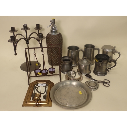 584 - Five pewter Tankards, four branch Candelabra, Soda Dispenser, Plate, brass framed Wall Mirror with c... 