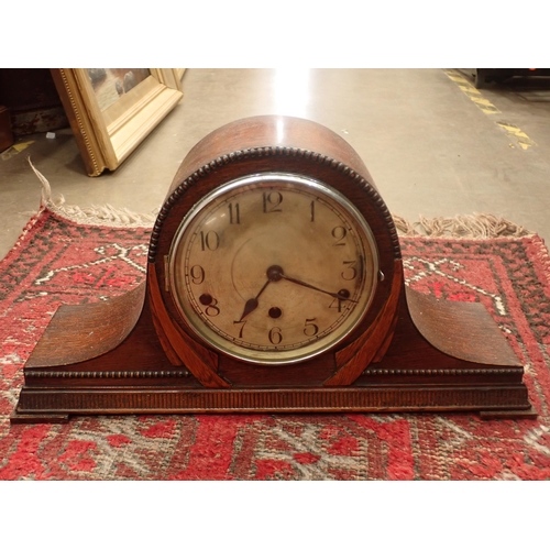 608 - A red ground woollen Rug 3ft 6in L x 2ft 2in W, an oak cased Mantle Clock, gilt framed Mirror and Pi... 