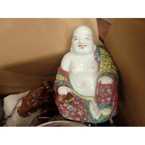 700 - A box containing two handled Trophy, silver plated Comport, Buddha, Cameras, stoneware Jug, glass Ju... 