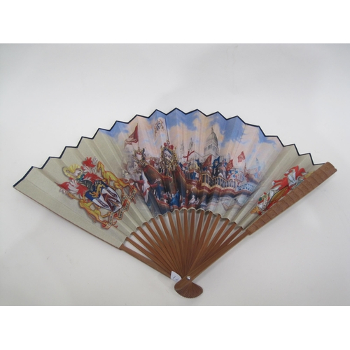 404 - A painted Fan, incorporating mother of pearl supports, length 14in; together with two other Fans; an... 