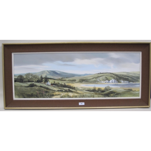 407 - MICHAEL D. BARNFATHER. Quiet Beach, Gower Coast, signed, oil on canvas, 15 x 42in. Provenance: with ... 