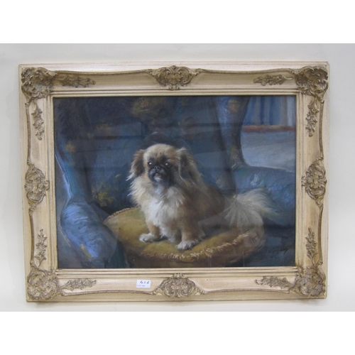 426 - VICTOR H. VOYSEY. A Pekinese Dog sitting on a cushion, signed and dated 66, pastel, 15 x 21½in