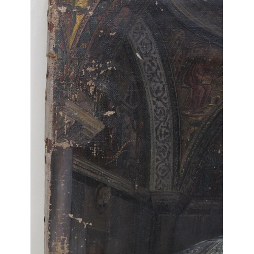 428 - C.M. WOOD. A Cathedral Interior, signed and dated, oil on canvas, unframed, 16 x 20¼in