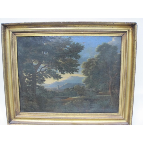 437 - MANNER OF GASPARD POUSSIN. Classical landscape with distant tower, oil on canvas, 16 x 20in