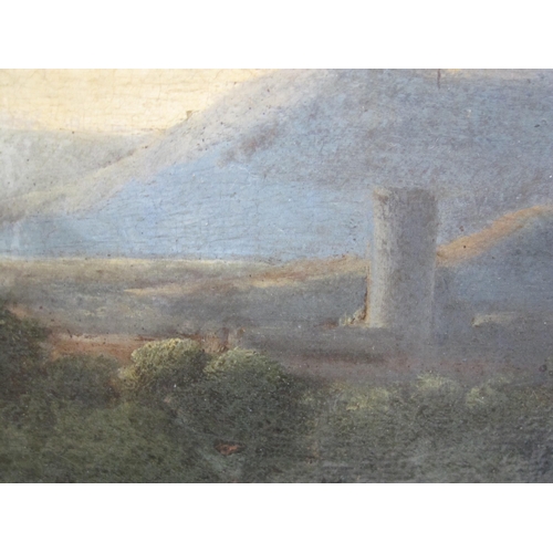 437 - MANNER OF GASPARD POUSSIN. Classical landscape with distant tower, oil on canvas, 16 x 20in