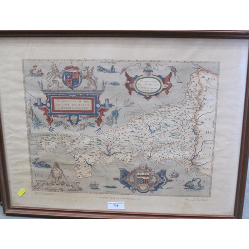 719 - Two reproduction Maps after Christopher Saxton depicting Cornwall and Warwick/Leicestershire; a fram... 