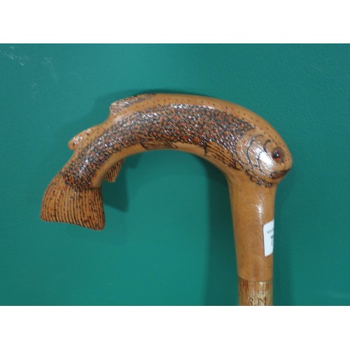 581 - A hazel Walking Stick with carved salmon handle