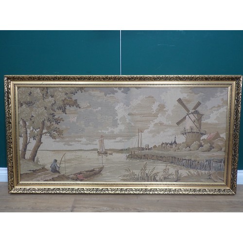 686 - A large gilt framed Tapestry Panel, Scene with windmill and figures fishing, 23 x 50in