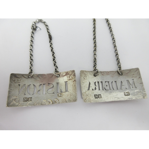 10 - A pair of Georgian silver Labels, Madeira and Lisbon, AMENDMENT maker:  M.B. and probably M. Binley