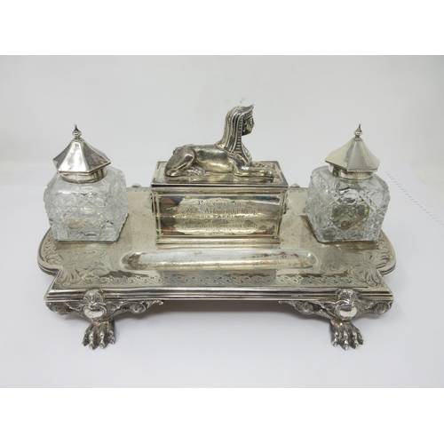 109 - A Victorian silver Inkstand of shaped rectangular form fitted pair of silver lidded cut glass Inkwel... 