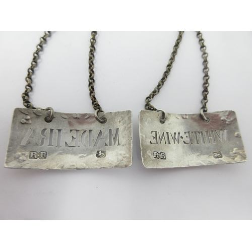 11 - A pair of Georgian silver Labels, Madeira and White Wine, maker's mark R.B., probably Robert Bowers