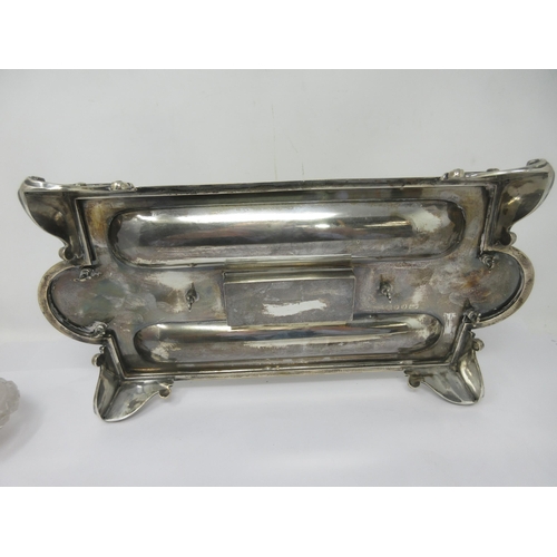 110 - A Victorian silver Inkstand of shaped rectangular form fitted two frosted glass inkwells with silver... 