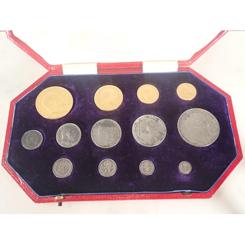 141 - Edward VII 1902 Long Matt Proof 13 Coin Set, Maundy Penny - Gold Five Pounds, in dated Royal Mint re... 