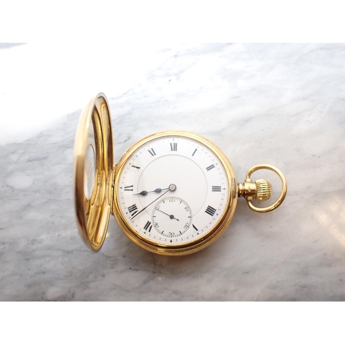 211 - An 18ct gold cased half-hunter keyless wind Pocket Watch the white enamel dial with roman numerals a... 