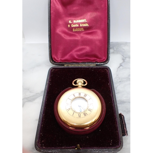 211 - An 18ct gold cased half-hunter keyless wind Pocket Watch the white enamel dial with roman numerals a... 