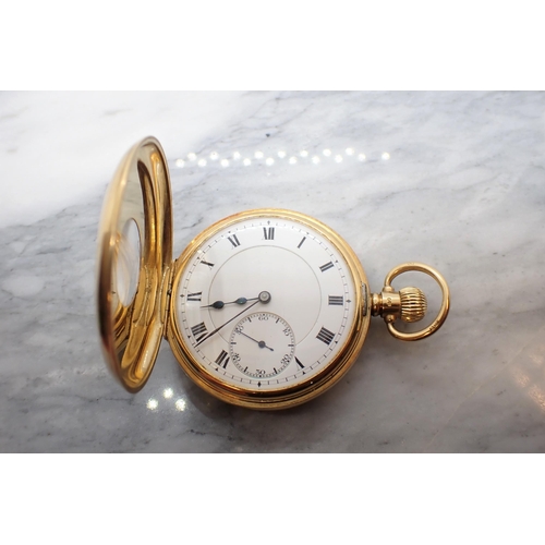 211 - An 18ct gold cased half-hunter keyless wind Pocket Watch the white enamel dial with roman numerals a... 