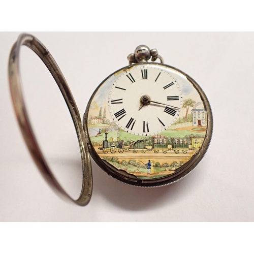 213 - A Victorian silver cased open faced Pocket Watch the enamel dial with roman numerals and scene depic... 