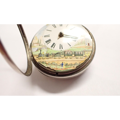 213 - A Victorian silver cased open faced Pocket Watch the enamel dial with roman numerals and scene depic... 