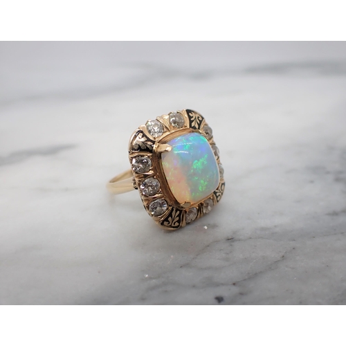 290 - An Opal, Diamond and Enamel Ring corner claw-set rectangular opal cabochon within a frame of ten old... 