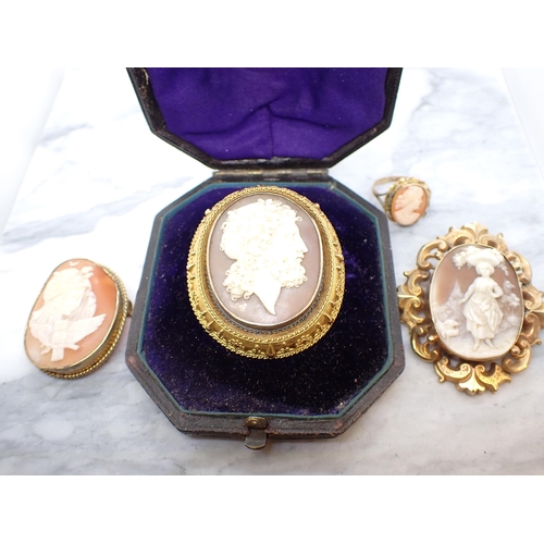 327 - Three carved shell Cameo Brooches; one depicting Nyx with poppy headdress and owl 33mm x 38mm, one d... 