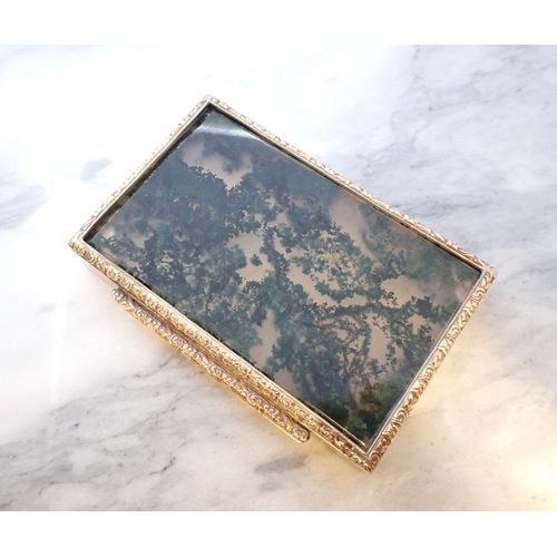 344 - A Continental engraved gold Box the hinged lid set moss agate within floral embossed frame, stamped ... 