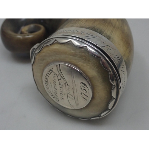 351 - An 18th Century horn Snuff Mull with engraved cartouche ''Gilcomston Farmers Society 1759'